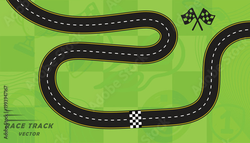 Creative vector illusion of race track or road symbol isolated on green background.