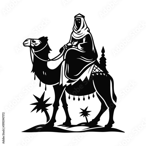 Black and white illustration of a desert explorer riding a camel in traditional Middle Eastern clothing, vintage vector style desert explorer