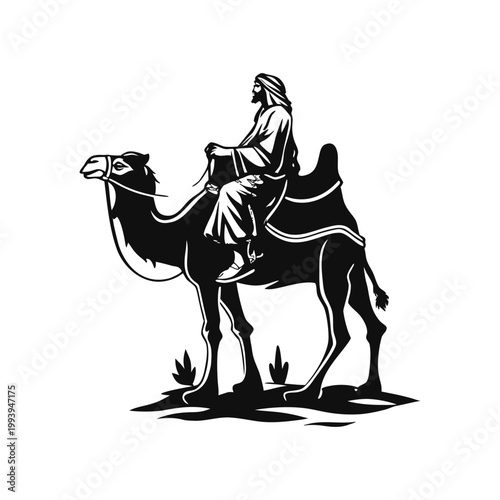 Black and white illustration of a desert explorer riding a camel in traditional Middle Eastern clothing, vintage vector style desert explorer