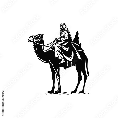Black and white illustration of a desert explorer riding a camel in traditional Middle Eastern clothing, vintage vector style desert explorer