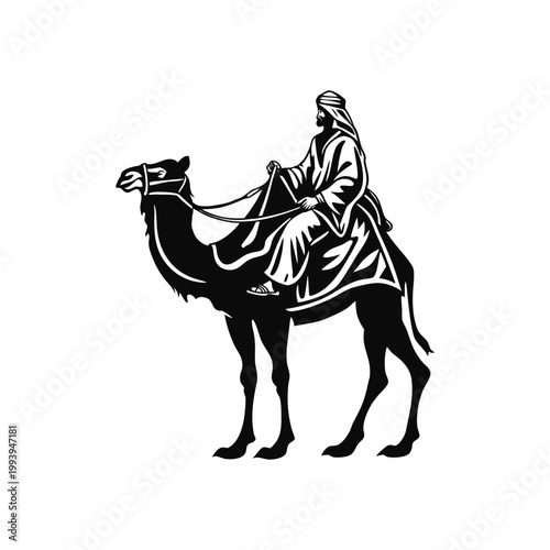 Black and white illustration of a desert explorer riding a camel in traditional Middle Eastern clothing, vintage vector style desert explorer