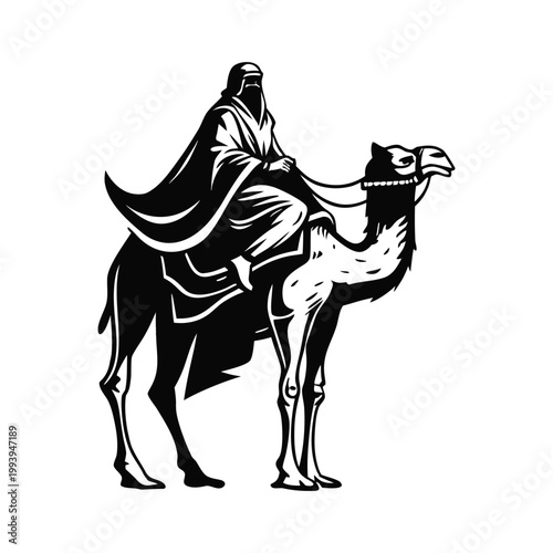 Black and white illustration of a desert explorer riding a camel in traditional Middle Eastern clothing, vintage vector style desert explorer
