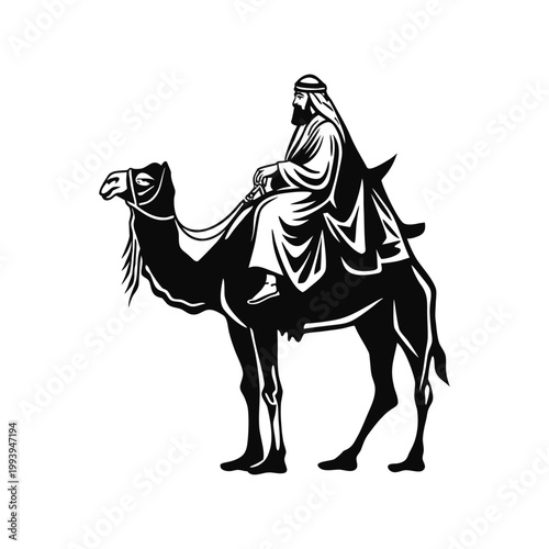 Black and white illustration of a desert explorer riding a camel in traditional Middle Eastern clothing, vintage vector style desert explorer