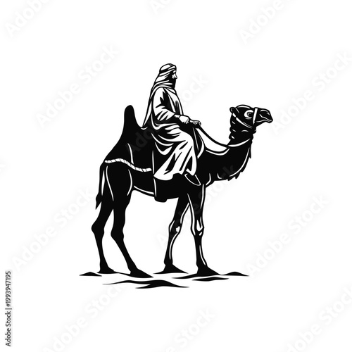 Black and white illustration of a desert explorer riding a camel in traditional Middle Eastern clothing, vintage vector style desert explorer