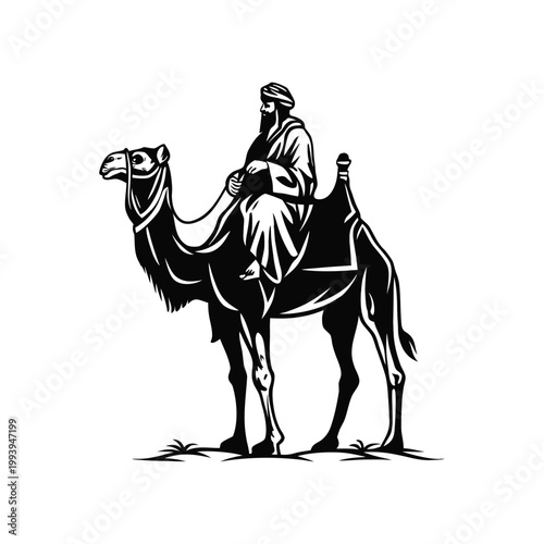 Black and white illustration of a desert explorer riding a camel in traditional Middle Eastern clothing, vintage vector style desert explorer