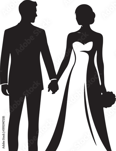 Wedding couple silhouette, bride and groom holding hands, black vector icon, romantic illustration, marriage symbol