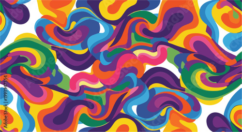 Psychedelic seamless pattern with vibrant liquid swirls, colorful abstract fluid wave background, trippy 1970s retro aesthetic vector wallpaper