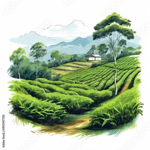 an AI Image Generator, Lush Tea Plantation Hillside Landscape