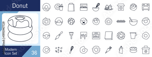 Modern Donut Line Icon Set with Bakery Tools and Dessert Elements.
