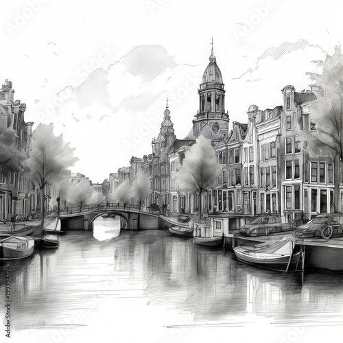 an AI Image Generator, European Canal City Monochrome Illustration