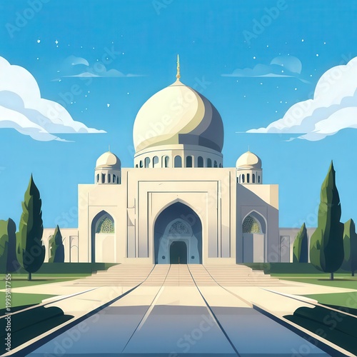 an AI Image Generator, Elegant White Mosque Garden Illustration