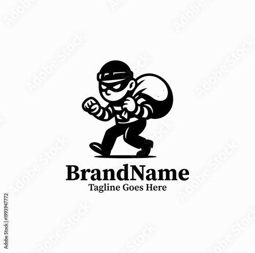 A masked thief character carrying a bag is illustrated as a cartoon mascot logo design monochrome playful