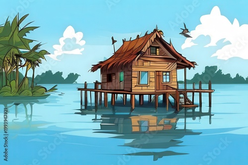 an AI Image Generator, Seaside Stilt House Over Calm Waters