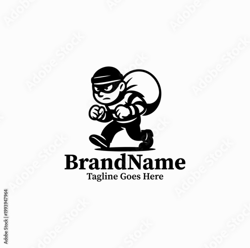 A masked thief character carrying a bag is illustrated as a cartoon mascot logo design monochrome playful