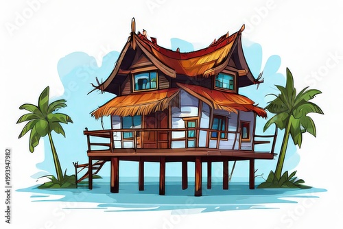 an AI Image Generator, Seaside Stilt House Over Calm Waters