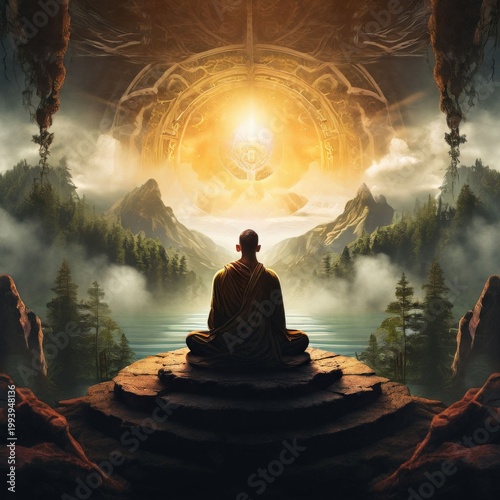 the AI Image Generator, Meditating Monk Before Golden Cosmic Portal