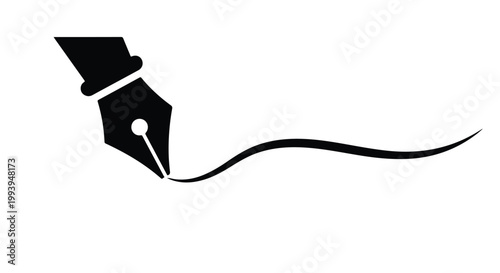 Vintage fountain pen nib vector icon, black ink pen silhouette with elegant curved line, classic calligraphy writing tool for logo design