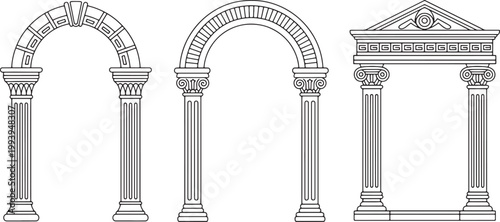 Classical greek and roman architectural frames set featuring elegant stone arches with ionic columns and stone pediments Vector Illustration.
