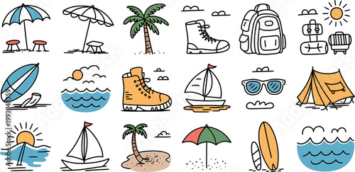 Collection of summer vacation and outdoor activity icons and elements Vector Illustration on a transparent background.