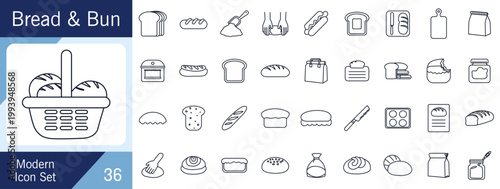 Bread and Bun Line Icon Collection with Baking Tools and Artisan Pastry Elements.