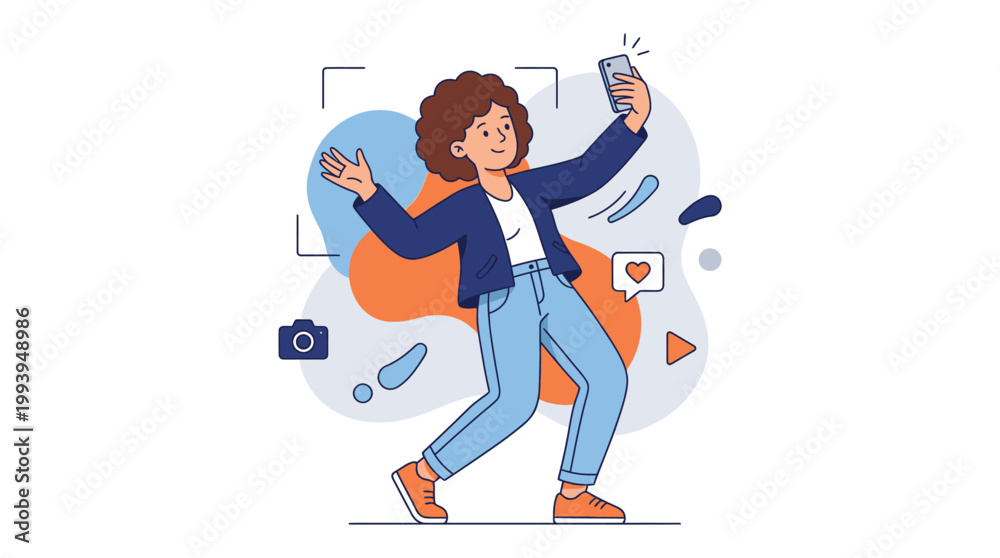 Fototapeta premium Joyful Young Person Dancing and Taking Selfies Surrounded by Colorful Digital Icons in a Playful Environment