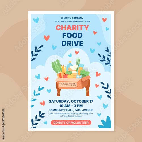 Charity food support box in flat style. Donate food as a caring gift and help the needy and community. Hunger relief concept for charity poster or banner background with light colors print ready