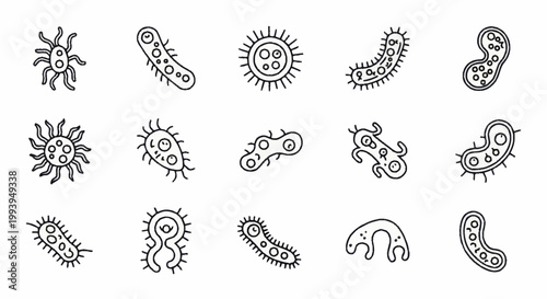 Set of various bacteria and virus cells in outline style.