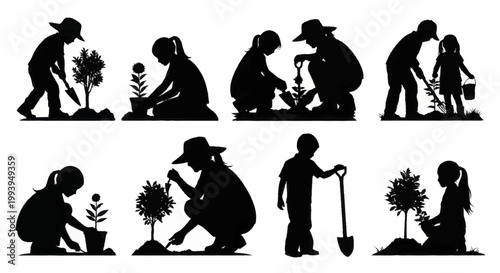 Silhouettes of children and adults planting trees and flowers.