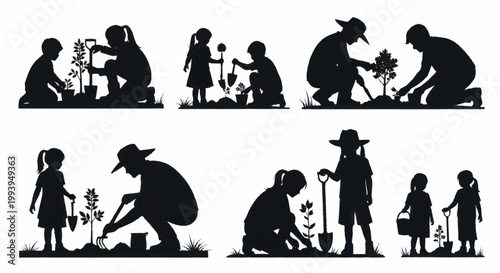 Silhouettes of children and adults planting trees and gardening together, showing various stages of plant care and interaction with nature.