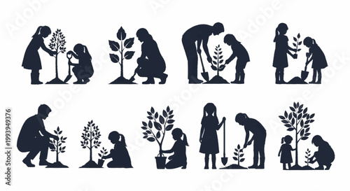 Silhouettes of families and children planting trees, symbolizing environmental care and growth.