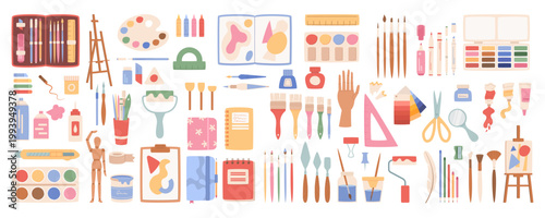Colorful flat art craft supplies set isolated on white. Fun stationery and painting tools doodle objects. Watercolor brush, pencil, and paint supply suit creative school class children study,