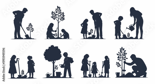 Silhouettes of people planting trees, a family activity promoting environmental care and growth.