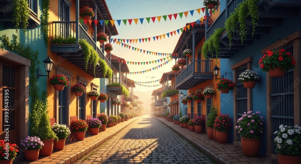 Obraz premium vibrant latin american street with colorful buildings and flowers at sunset
