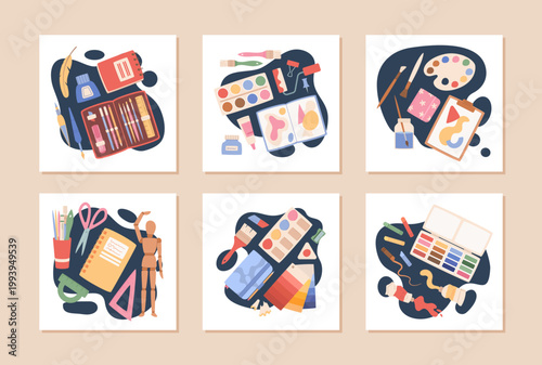 Cartoon art craft equipment on white background set. Color art tools appear as playful artist supply and painting kit. Palette, brush and watercolor pencil set show creative concept for children