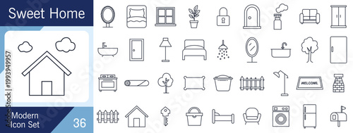 Minimal Monoline Home Interior Icon Set with Modern Household Elements.
