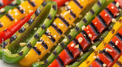 Vibrant close-up of colorful grilled bell peppers seasoned and perfectly charred showcasing appetizing red yellow and green vegetable slices