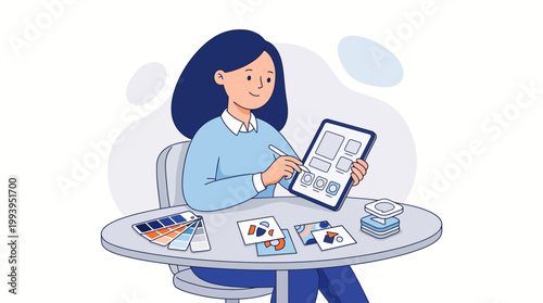 Professional Graphic Designer Creating UI UX Layout on Digital Tablet at Workspace with Color Swatches and Creative Tools Illustration