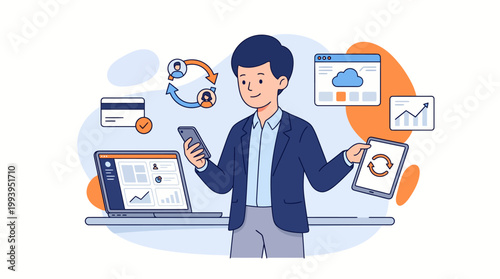 Businessman Managing Digital Operations and Data Using Multiple Devices like Laptop Tablet and Smartphone for Cloud Computing and Business Growth Illustration
