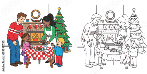 Happy Diverse Family Preparing Cookies for Santa Claus, Christmas Coloring Page and Color Vector Illustration Set for Kids Holiday Activity