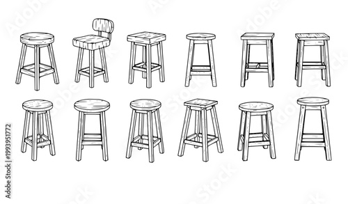 Wooden stool vector set black and white furniture outline illustration