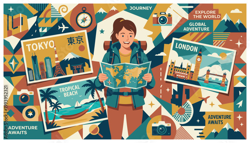 Woman planning a world travel journey.