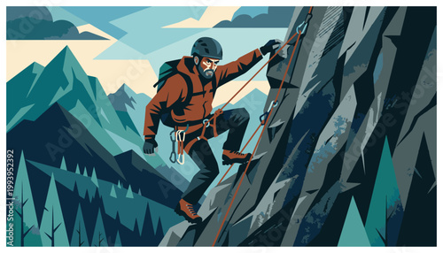 Man climbing a rocky mountain side.