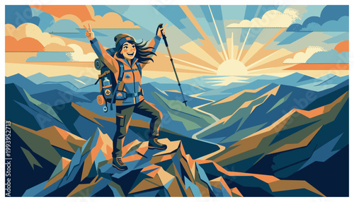 Hiker standing on mountain peak at sunrise.