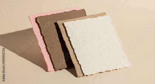 Layered stack of textured handmade paper sheets in earthy brown soft pink and natural cream colors with deckled edges on a minimalist beige background.