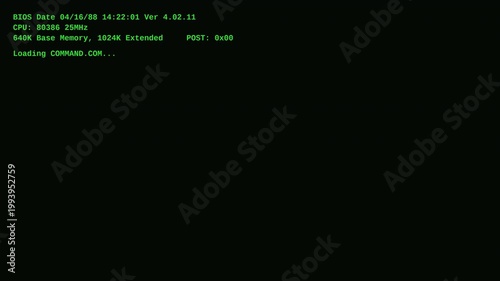 Retro MS DOS style computer boot sequence with green phosphor text and system memory check for vintage technology b roll