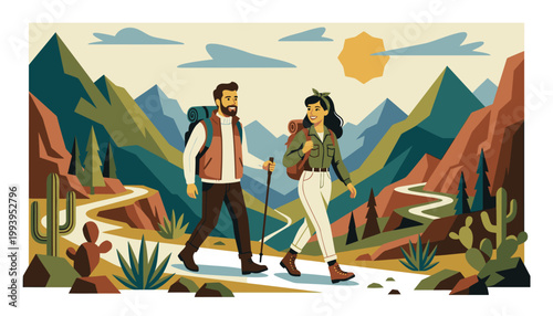 Couple hiking in desert mountain landscape.