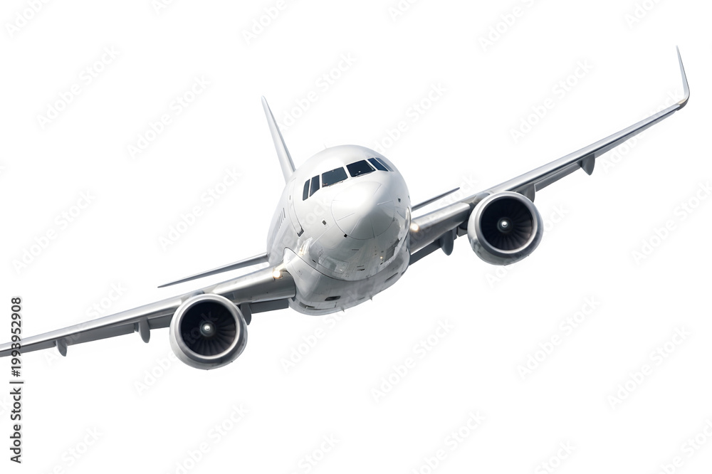 Fototapeta premium Front view of a modern commercial airplane in flight with landing gear retracted, showcasing its engines and cockpit against a clean white background.