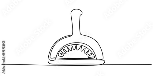 A minimalist line drawing depicts a pizza oven with a curved opening and a handle, symbolizing culinary creation and traditional baking methods. Vector, illustration
