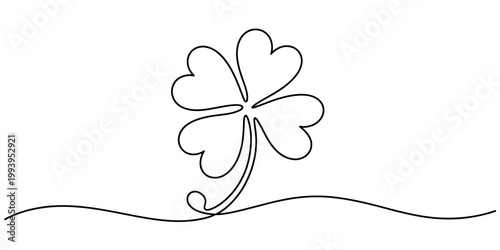 A minimalist single-line drawing of a four-leaf clover, symbolizing luck and good fortune, set against a clean white background with a subtle wavy line representing the ground. Vector, illustration