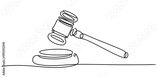 A minimalist black and white line drawing depicting a gavel poised above a sounding block, symbolizing justice and legal proceedings in a simple, artistic style. Vector, illustration
